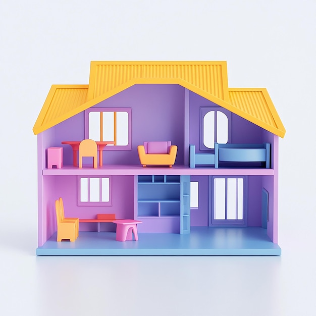 Photo 3d illustration of empty modular doll house made of plastic design plain background