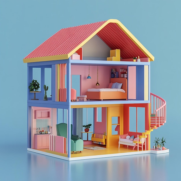 Photo 3d illustration of empty modular doll house made of plastic design plain background