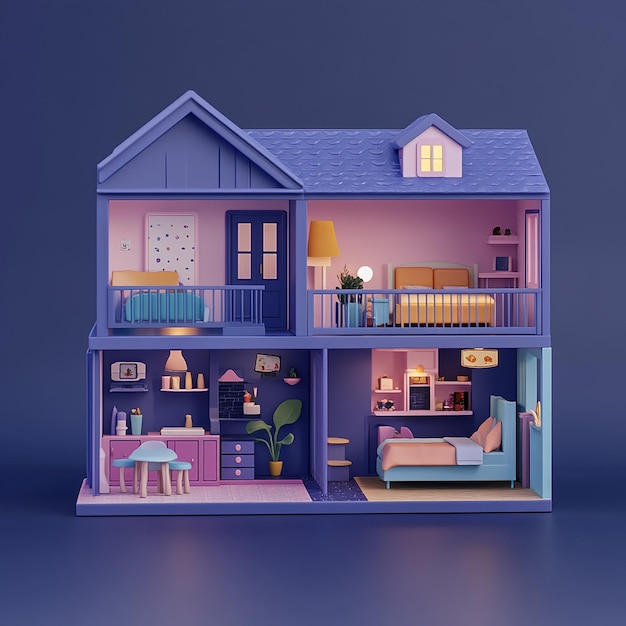 Photo 3d illustration of empty modular doll house made of plastic design plain background