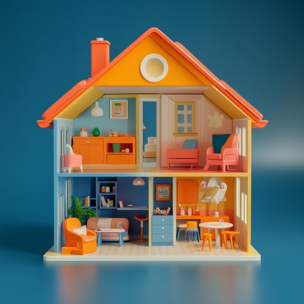 3D illustration of empty modular doll house made of plastic design plain background