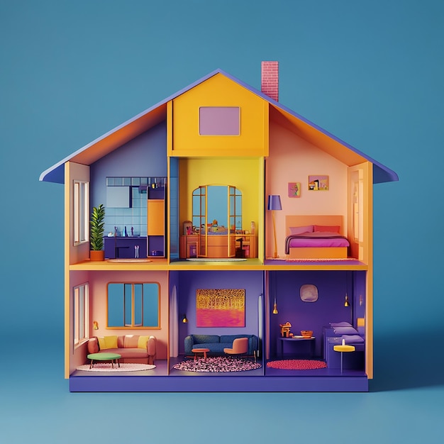 3D illustration of empty modular doll house made of plastic design plain background