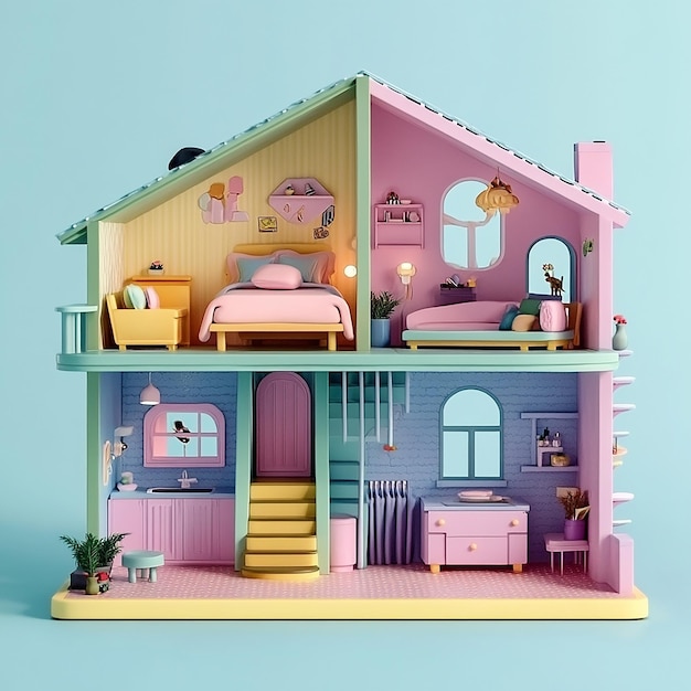 3D illustration of empty modular doll house made of plastic design plain background