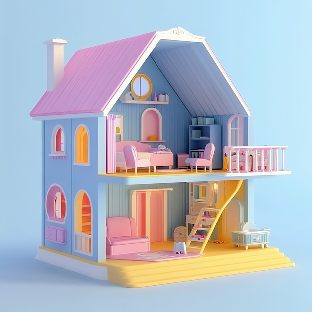 3D illustration of empty modular doll house made of plastic design plain background