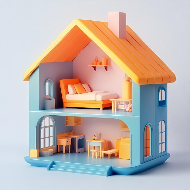 3D illustration of empty modular doll house made of plastic design plain background