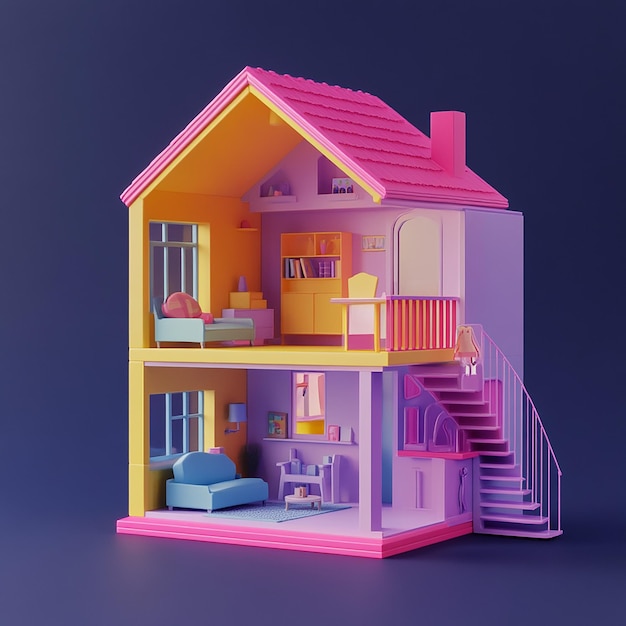 3D illustration of empty modular doll house made of plastic design plain background