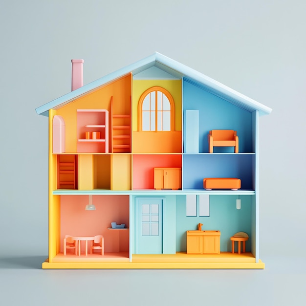 3D illustration of empty modular doll house made of plastic design plain background