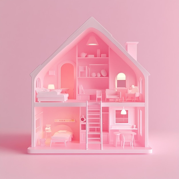 Photo 3d illustration of empty modular doll house made of plastic design plain background