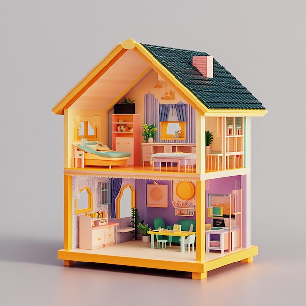 3D illustration of empty modular doll house made of plastic design plain background