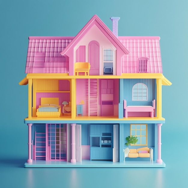 Photo 3d illustration of empty modular doll house made of plastic design plain background