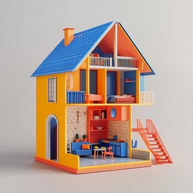 3D illustration of empty modular doll house made of plastic design plain background