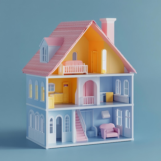 3D illustration of empty modular doll house made of plastic design plain background