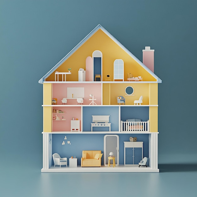 3D illustration of empty modular doll house made of plastic design plain background