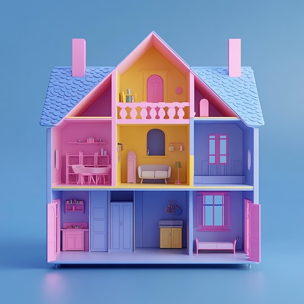 3D illustration of empty modular doll house made of plastic design plain background