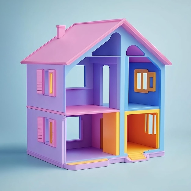 3D illustration of empty modular doll house made of plastic design plain background