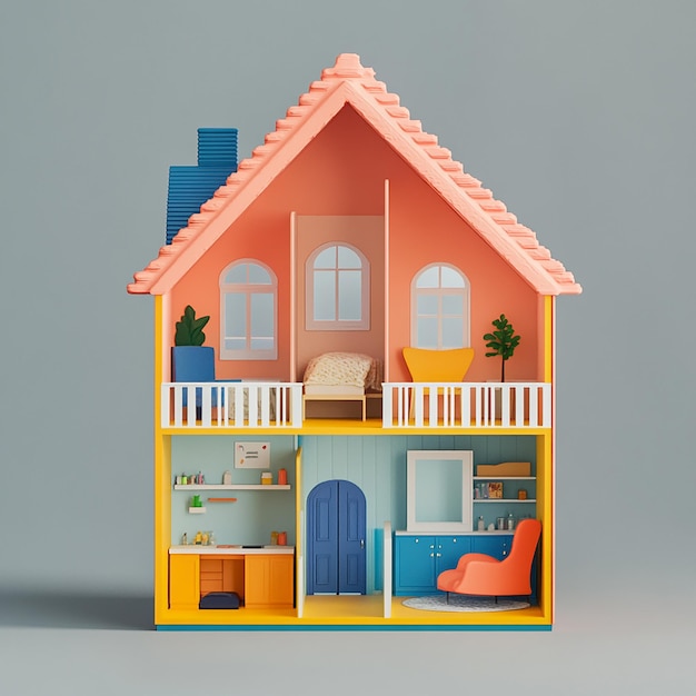 3D illustration of empty modular doll house made of plastic design plain background