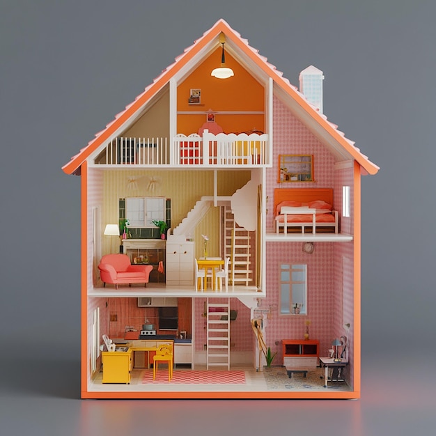 3D illustration of empty modular doll house made of plastic design plain background