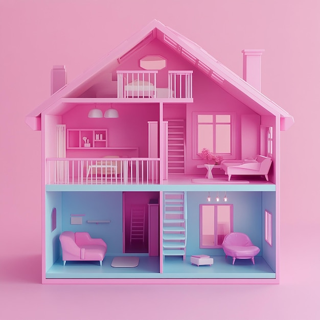 Photo 3d illustration of empty modular doll house made of plastic design plain background