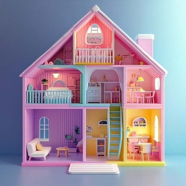 Photo 3d illustration of empty modular doll house made of plastic design plain background