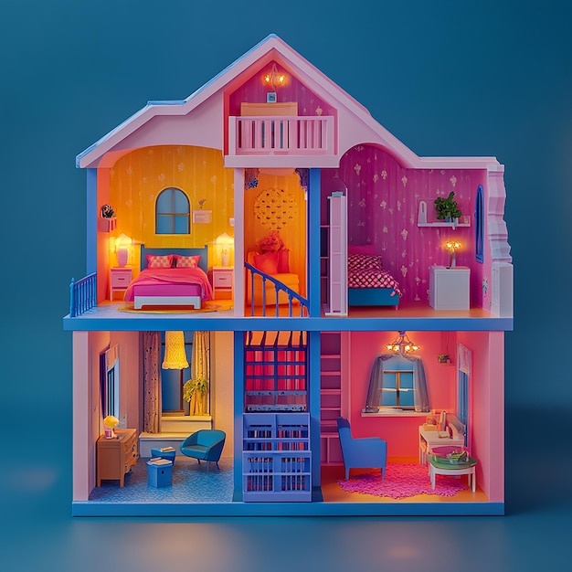 Photo 3d illustration of empty modular doll house made of plastic design plain background