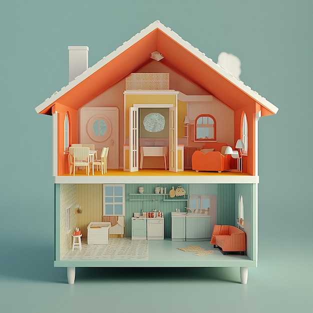 3D illustration of empty modular doll house made of plastic design plain background