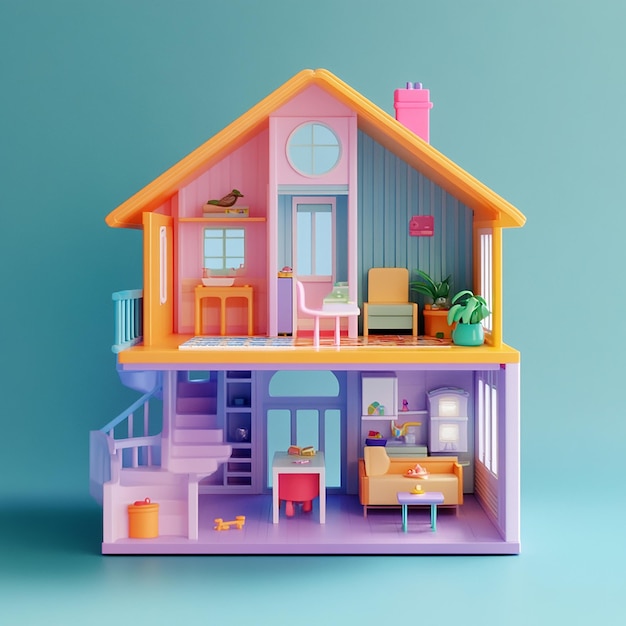 3D illustration of empty modular doll house made of plastic design plain background