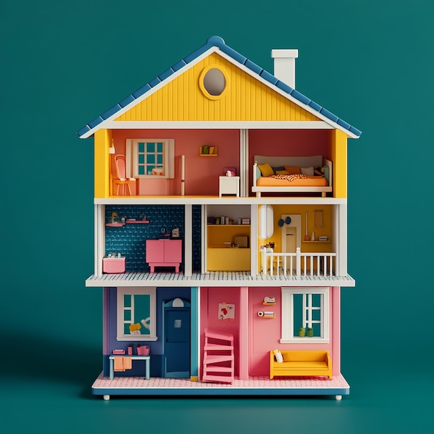 Photo 3d illustration of empty modular doll house made of plastic design plain background