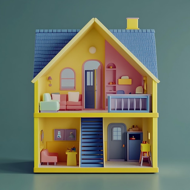 3D illustration of empty modular doll house made of plastic design plain background