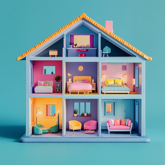 Photo 3d illustration of empty modular doll house made of plastic design plain background