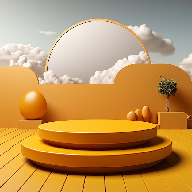 3d illustration of empty pedestal and clouds on top of 3d podium