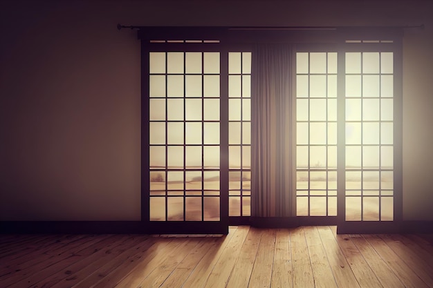 3d illustration of empty room and wood laminate floor with sun light from window