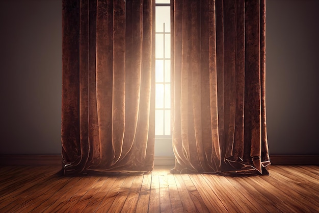 3d illustration of empty room and wood laminate floor with sun light from window