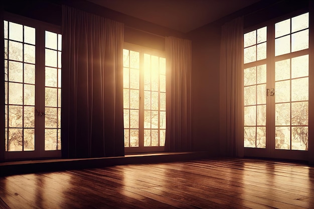 3d illustration of empty room and wood laminate floor with sun light from window