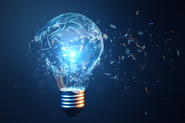 3D Illustration Exploding light bulb on a blue background, with concept creative thinking and innovative solutions.