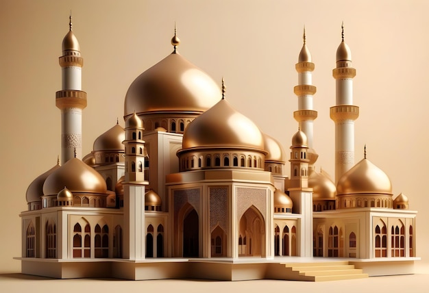 3d illustration of an exquisite mosque building model decorated with glossy brasy