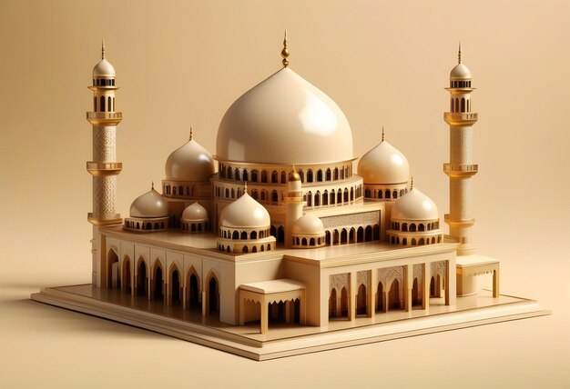 3d illustration of an exquisite mosque building model decorated with glossy brasy