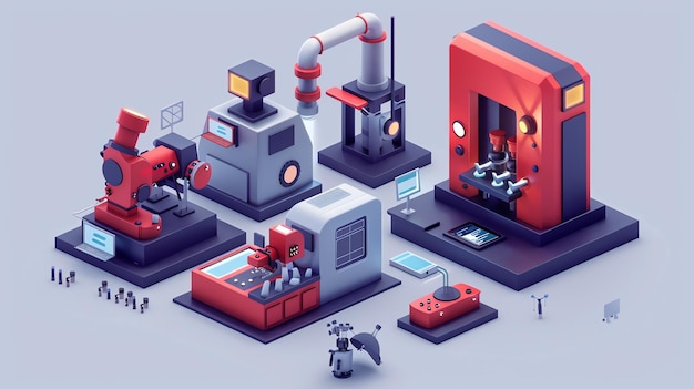 Photo a 3d illustration of a factory with machinery and robots