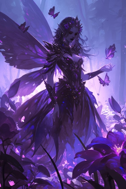 3d illustration of a fairy in purple light with a lot of butterflies