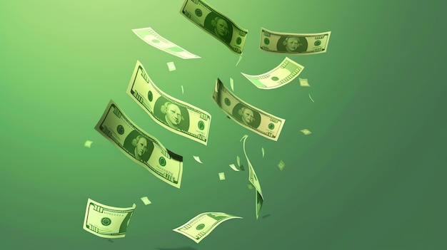 Photo a 3d illustration of falling us dollar bills on a green background