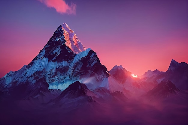 3d illustration of fantastic landscape peaks mountain at sunset