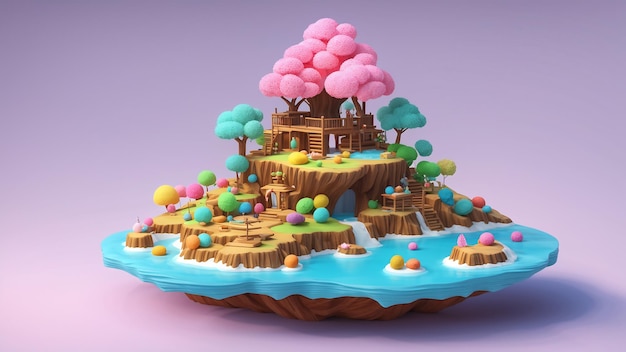 3D Illustration Of A Fantasy Island With Trees And Houses In The Water