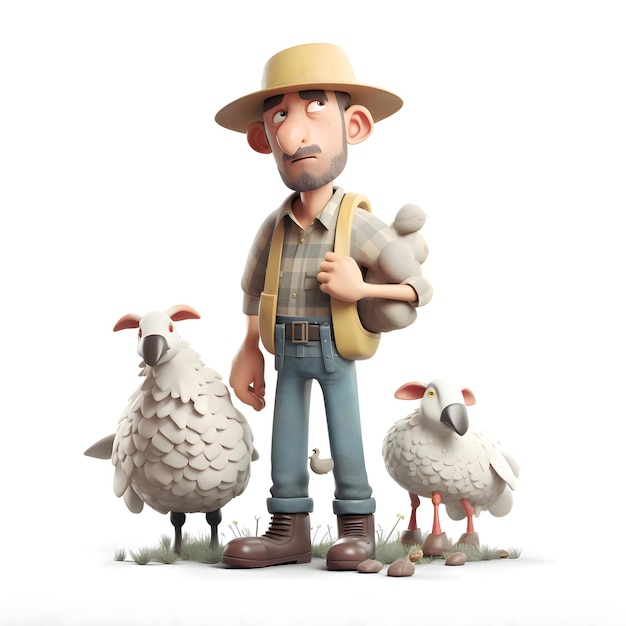 3d illustration of a farmer with a flock of sheep on a white background