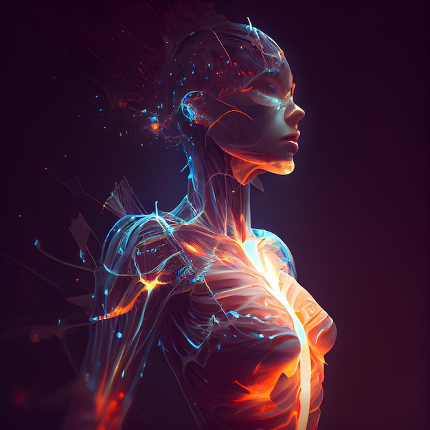 3D Illustration of a Female Body Model with Futuristic HUD