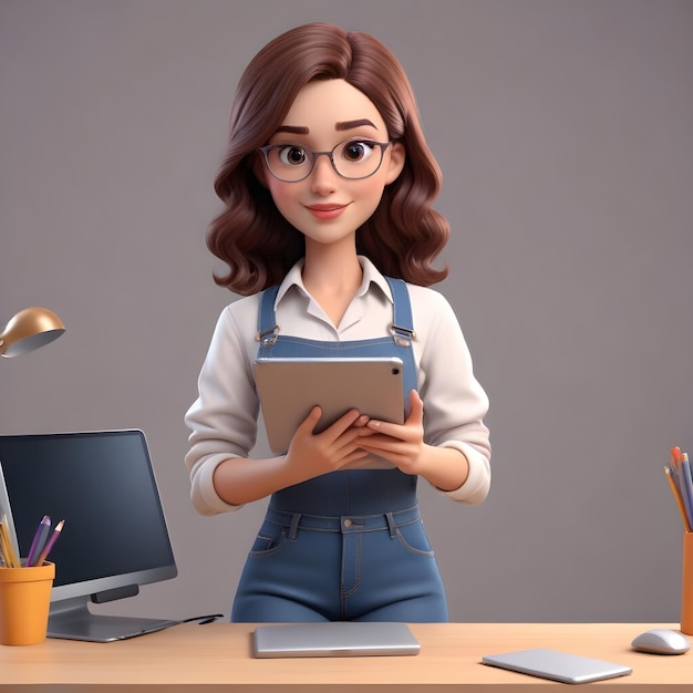 3d illustration of female graphic designer character holding tablet