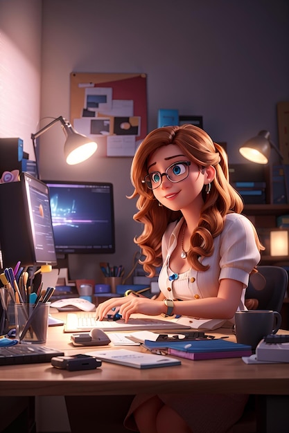 3d illustration of female graphic designer character working on desk