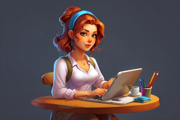 3D illustration of female graphic designer character working on tablet