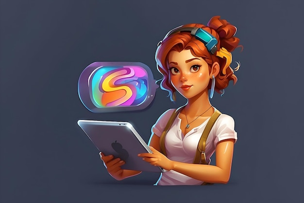 3D illustration of female graphic designer character working on tablet