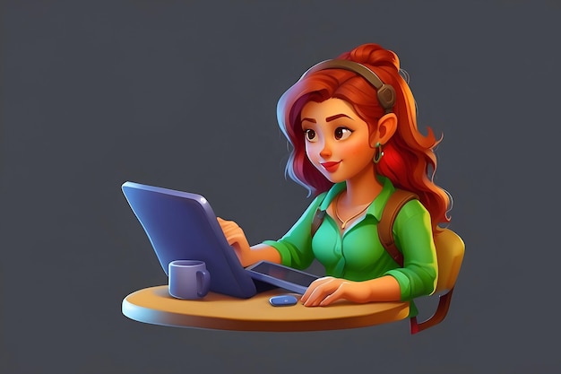 3D illustration of female graphic designer character working on tablet