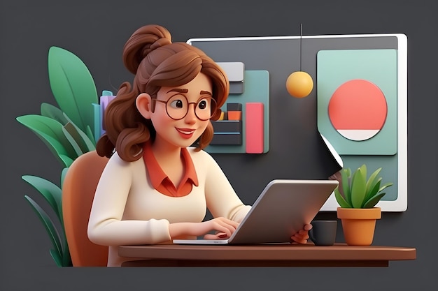 3D illustration of female graphic designer character working on tablet