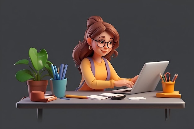 3D illustration of female graphic designer character working on tablet