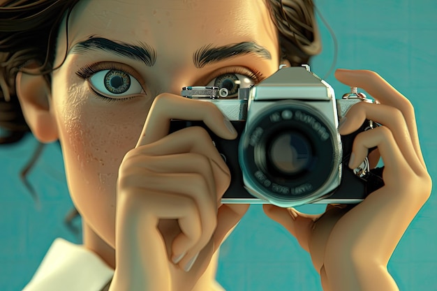 3D illustration of a female photographer holding a camera in her hand